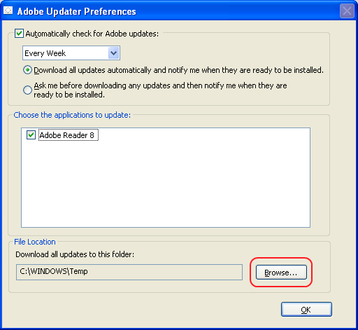 Adobe Updater Preferences Window